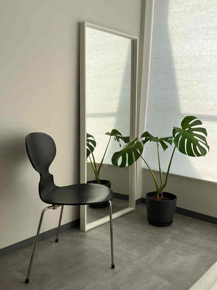 A white-toned compact room featuring a black chair, large floor mirror, and green plant in a modern interior setting