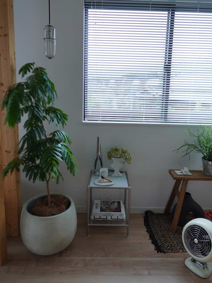 白とナチュラルの色調のリビング、植物とモジュール家具、レトロなサーキュレーターが配置された雰囲気のある空間