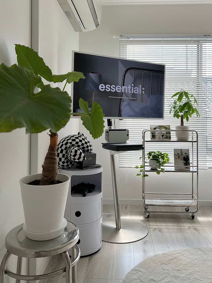 白とシルバーの色調の小さなリビング、スツールや棚に植物が配置されたミニマルなインテリア空间