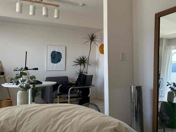 白とグレーのトーンでまとめられたコンパクトなワンルームのリビング兼寝室、植物とポスター、大きな鏡が配置されたミニマルなインテリア