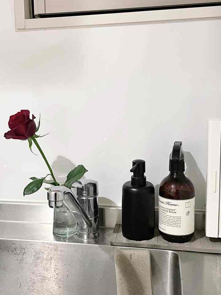 白い壁とキャビネットを背景に、ブラックのソープディスペンサーと赤いバラが透明なガラスの花瓶に入ったキッチンシンク周り