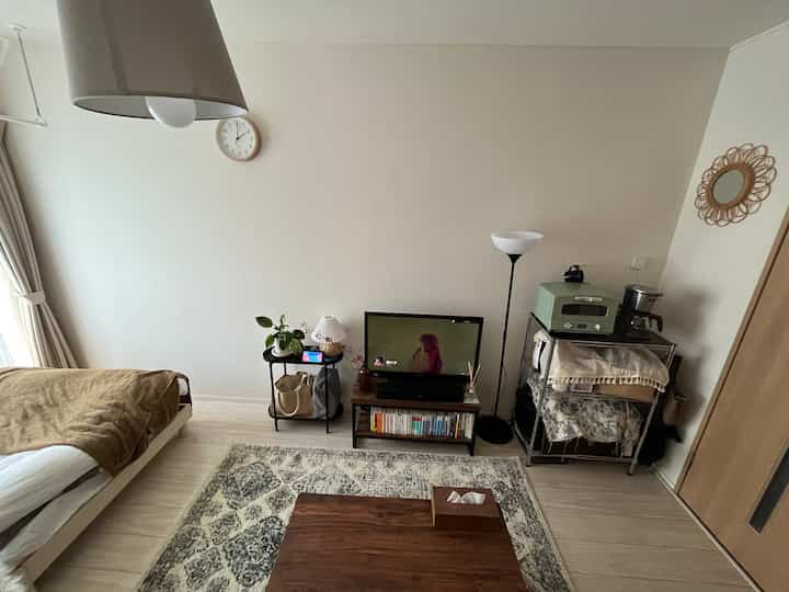 Beige-toned studio living room featuring a mid-sized TV stand and wood tone furniture with a simple, natural interior design