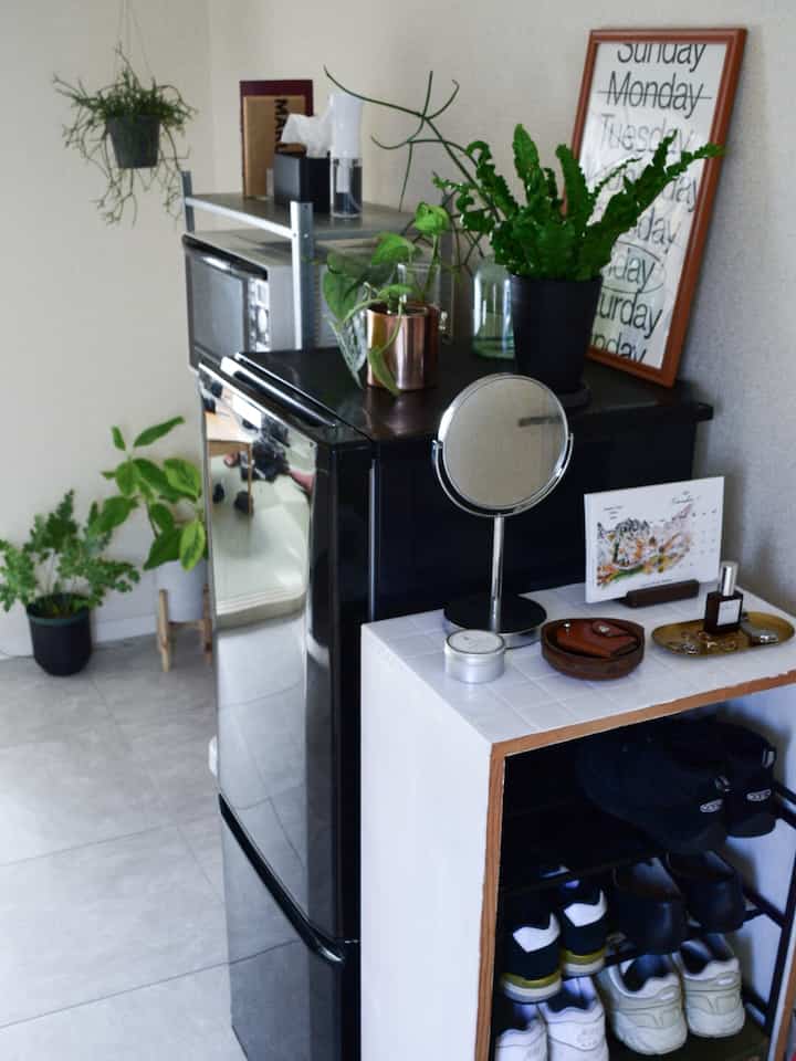 黒い冷蔵庫とシューズラックが配置された玄関、複数の植物が自然な雰囲気を演出しているインテリア