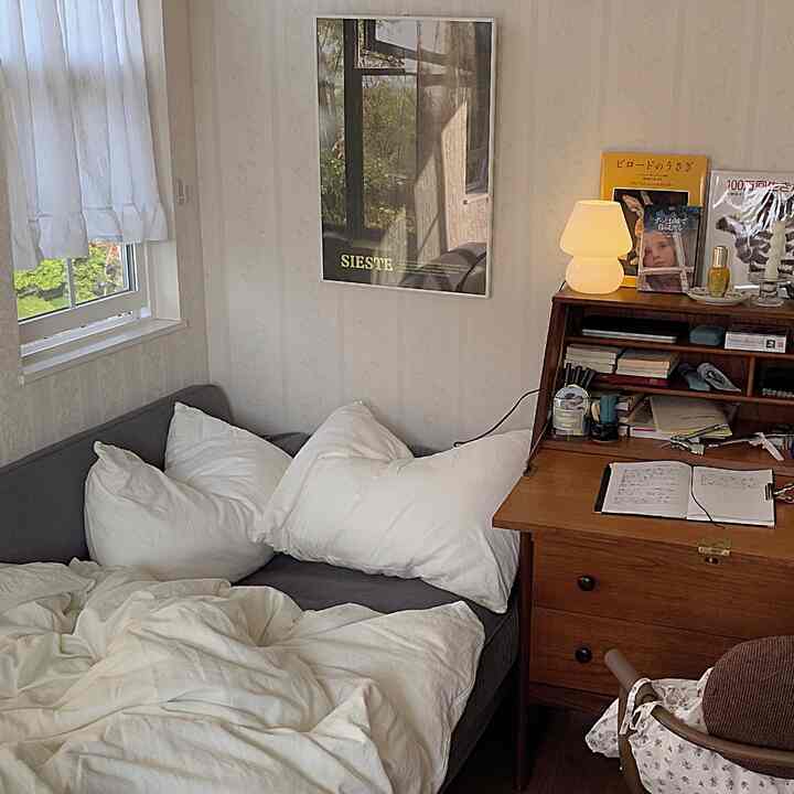Cozy single household bedroom with soft natural light, gray sofa bed, wooden desk and mushroom table lamp