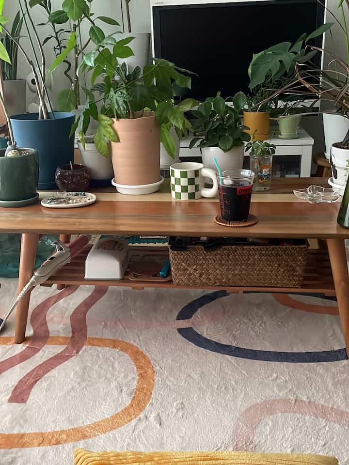 Natural-toned living room featuring a wooden table with plants and coffee cups, creating a cozy atmosphere