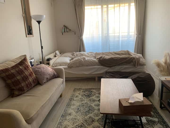 Beige and brown toned studio apartment bedroom and living space featuring sofa and bed with cozy atmosphere