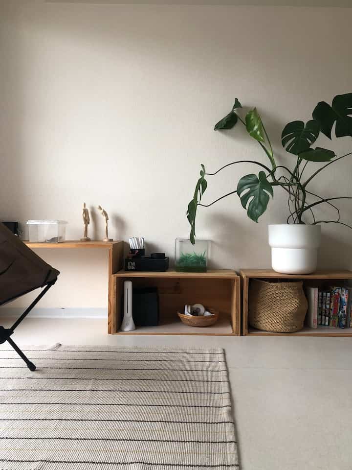 ナチュラルな木目調の子供部屋、白いプランターと観葉植物が配置された落ち着いた空間