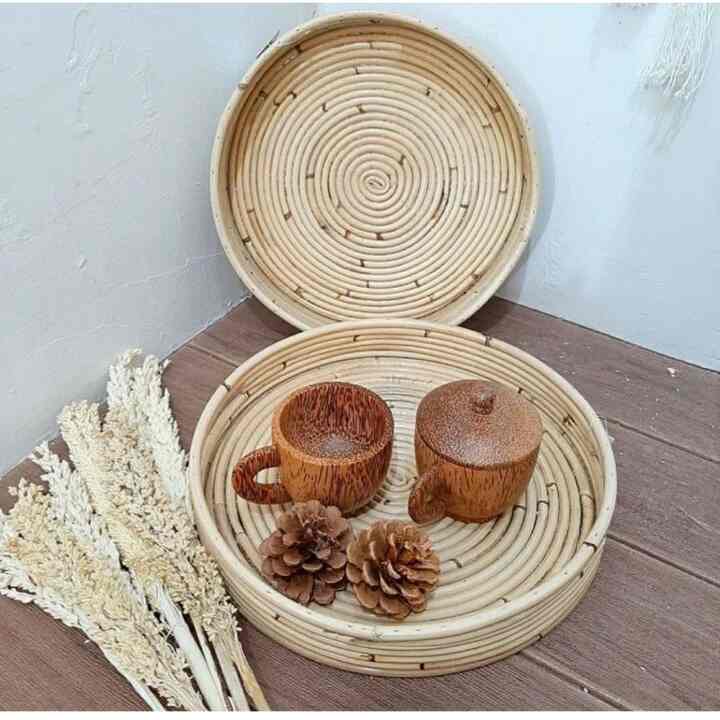 Set Tray Rotan / Nampan Rotan Bulat Natural