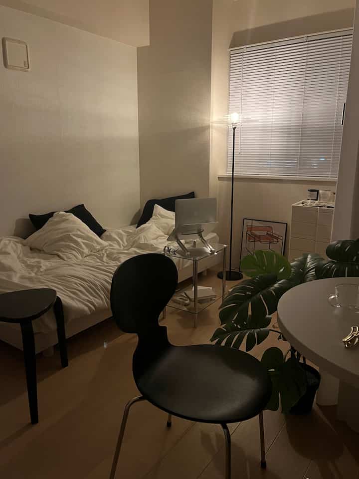 黒と白のトーンのワンルームリビング兼寝室、カウンタースツールとフロアランプが配置された現代的な一人暮らしのインテリア