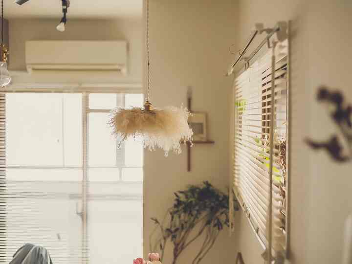 ベージュとホワイトのトーンのバルコニーが見える温かみのある空間、窓辺に植物が置かれたナチュラルな雰囲気のインテリア