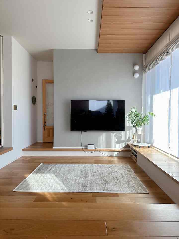 A white and wood tone living room with a centrally mounted TV on the wall and a rug on the wooden floor, featuring a minimalistic style