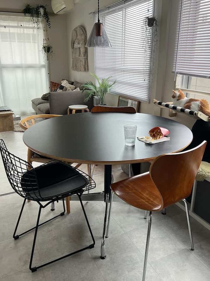 ナチュラルな色調の二人暮らし用ダイニング、黒い丸テーブルと複数の椅子、窓辺の猫とペンダントライトが特徴的な空間