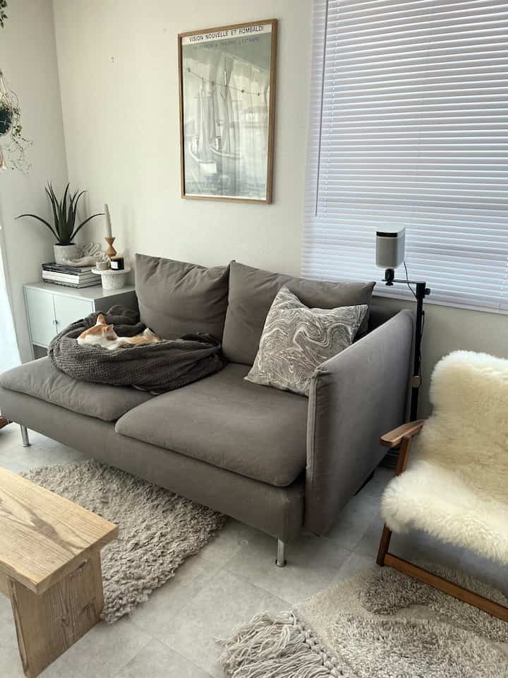 Gray and brown toned living room featuring sofa, blinds, and shelf with a natural, cozy atmosphere