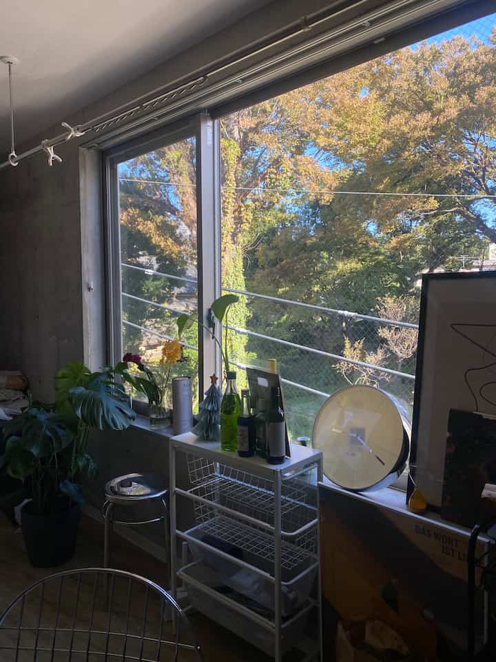 白とシルバーの調和が取れたモダンなリビング、大きな窓と植物が配置された開放的な空間