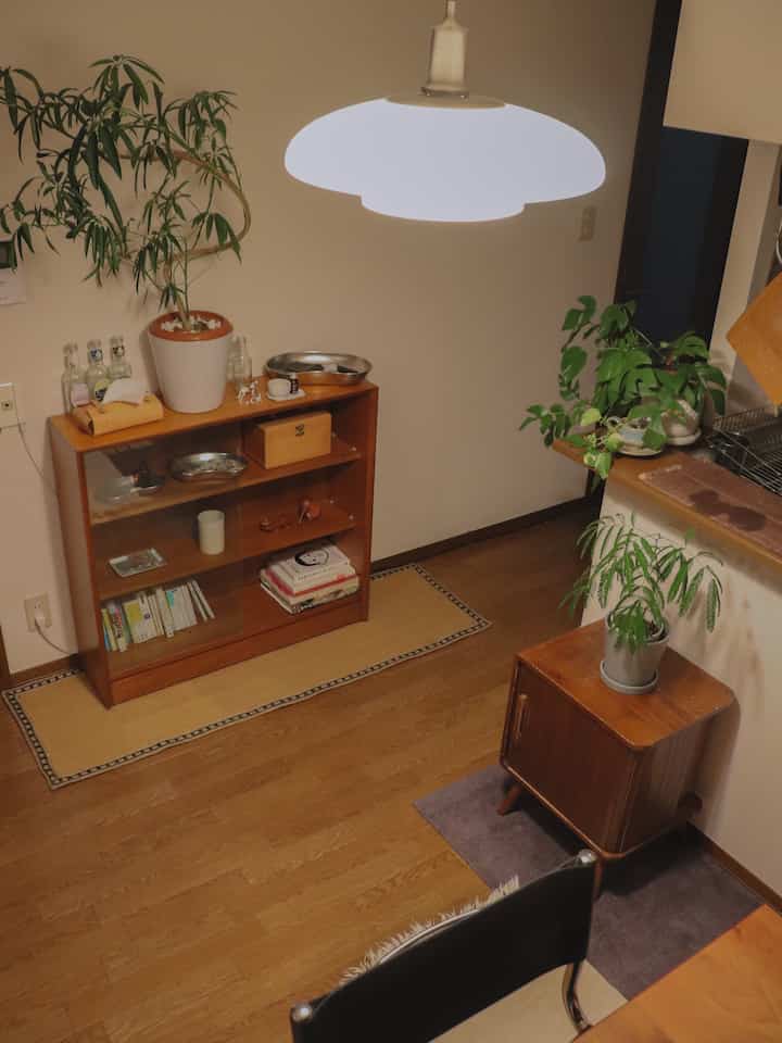 温かみのある木目調とベージュの壁がある居心地の良いリビング、植物とペンダントライトがポイントのコンパクトな空間