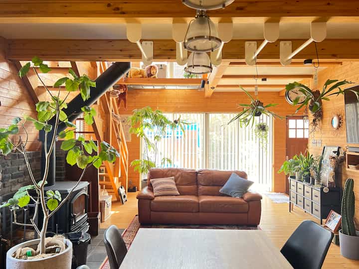 Warm brown and wood tone living room featuring a leather sofa and dining table with green plants scattered throughout creating a natural ambiance