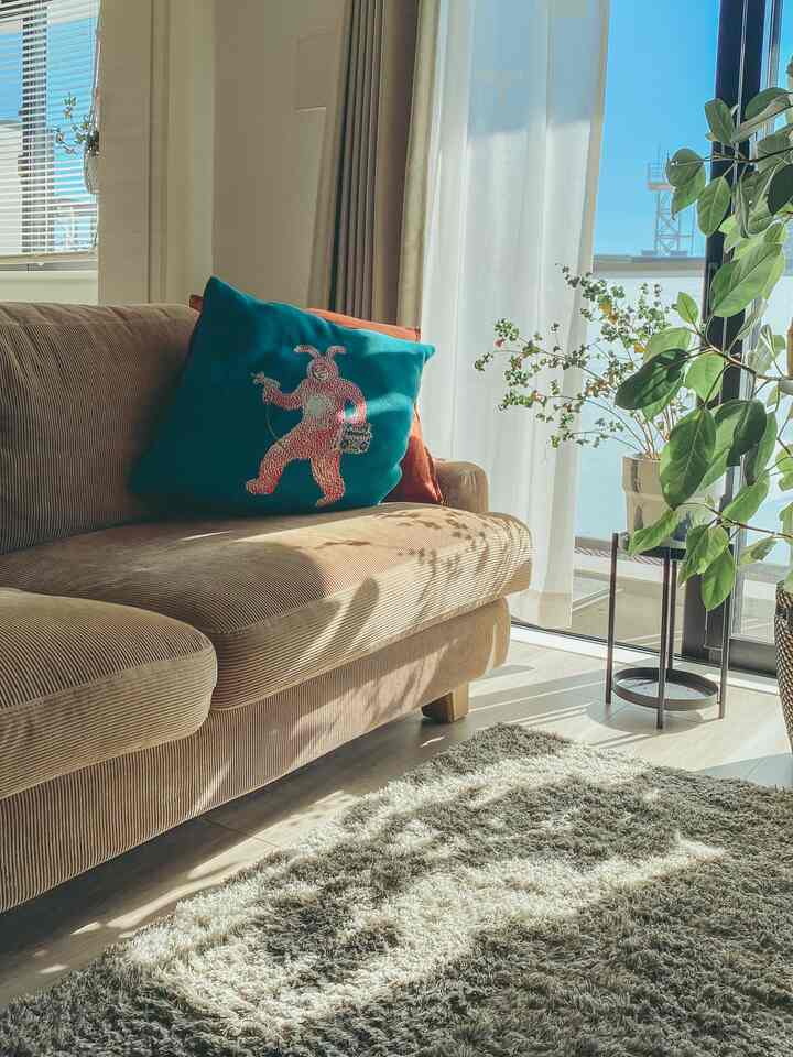 温かみのあるベージュのナチュラルな1LDKリビング、居心地の良いソファと植物が配置された雰囲気のあるインテリア