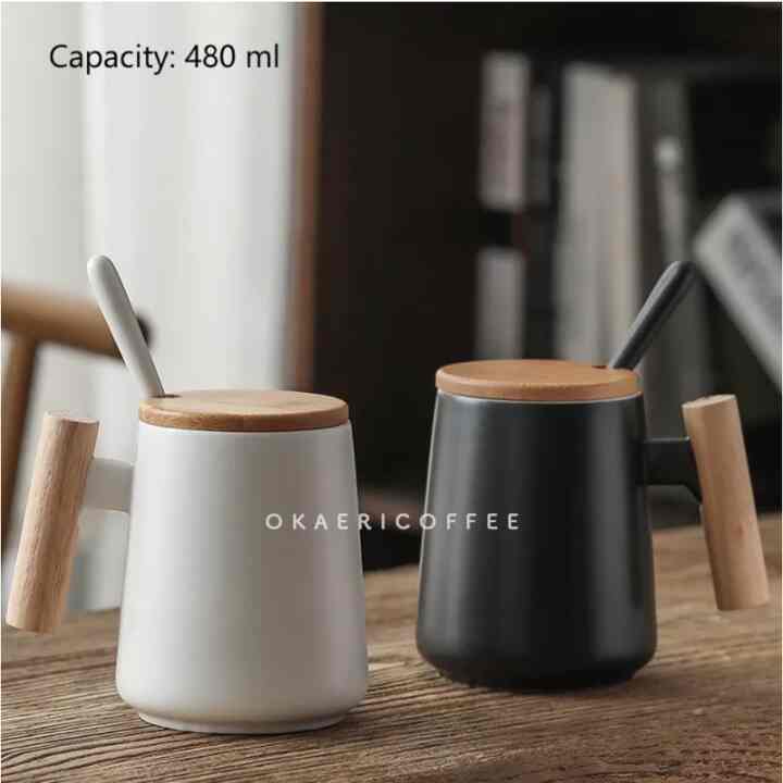 Ceramic Mug with Wood Lid + Spoon 480ml