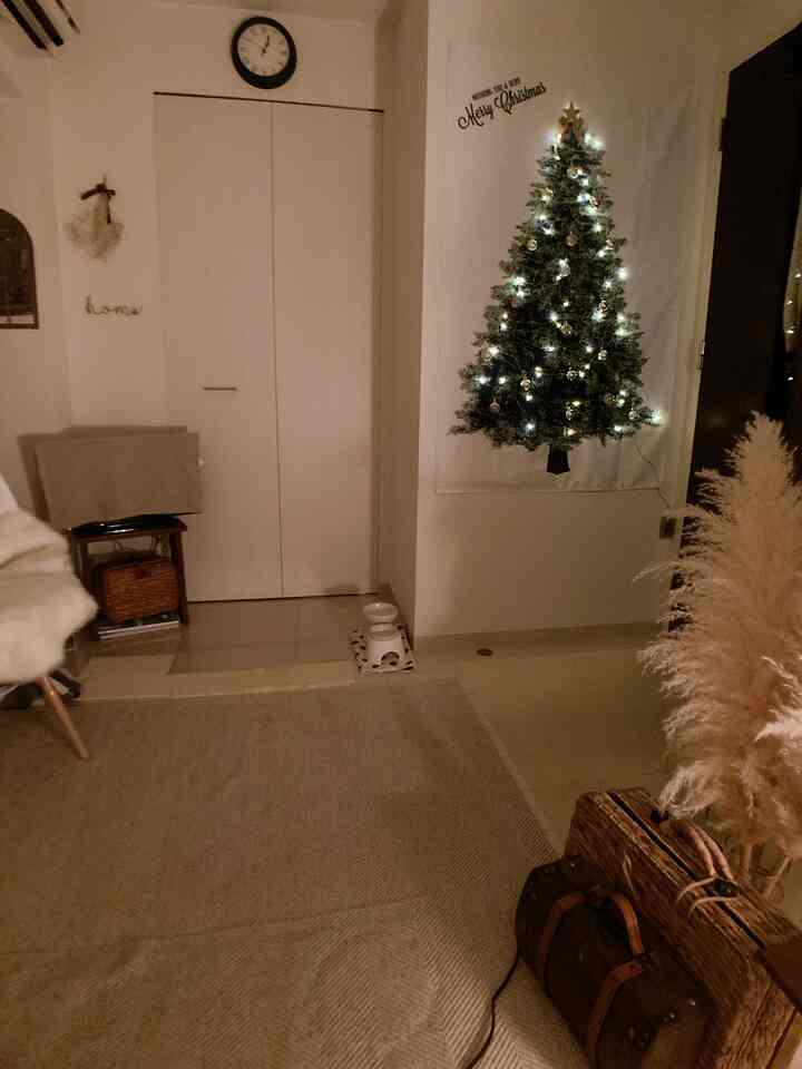 白とベージュのトーンが調和した狭いワンルーム、壁に光るクリスマスツリーのタペストリーが配置された雰囲気のあるインテリア