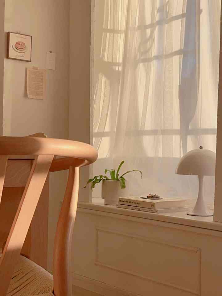 温かみのあるベージュカラーのナチュラルなダイニングルーム、窓辺にカーテンと植物が配置された雰囲気のある空間