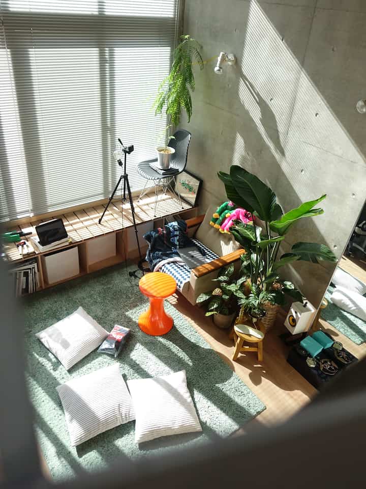 Natural toned living room featuring green plants, an orange stool, window shelf, and cozy sofa in a warm, sunlit atmosphere