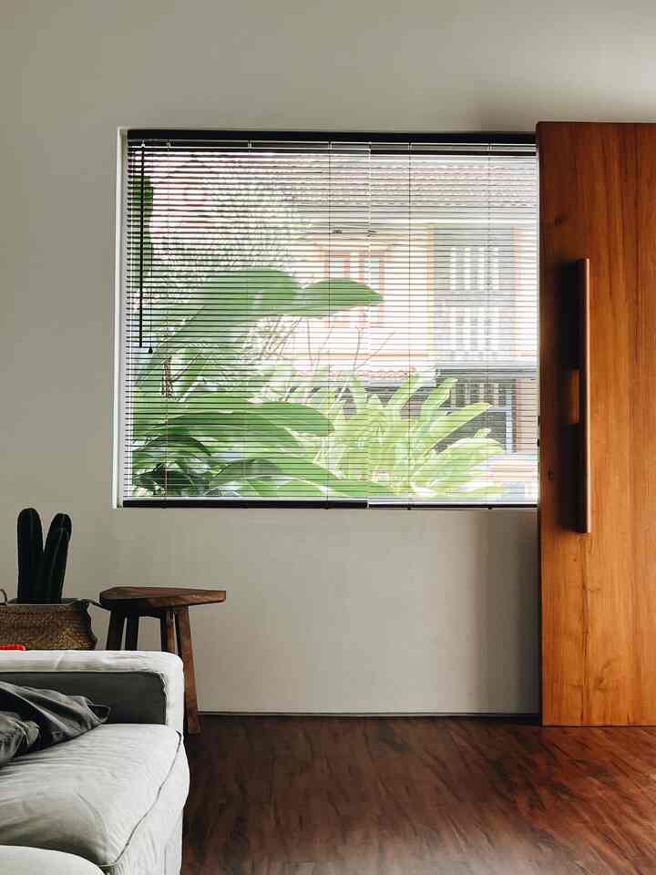 Simple entrance featuring white walls and wood tone door, with blinds on the window and green plants adding natural touch
