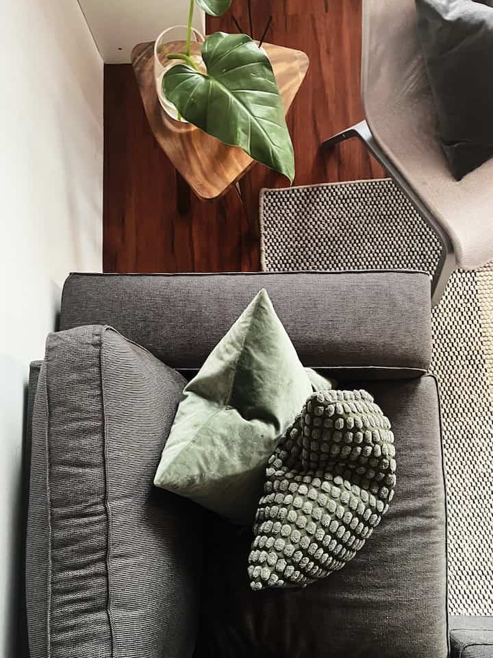 Warna hijau tua yg cocok dipadukan dengan pada warna abu dan vinyl kayu pada area ruang tamu.

#livingroom #ruangtamu #homedecorinspo #greencolor #simpledecor