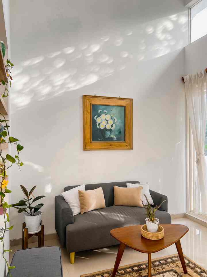Bright, naturally lit living room featuring gray sofa, wooden coffee table, and plants in a minimalist Japandi style