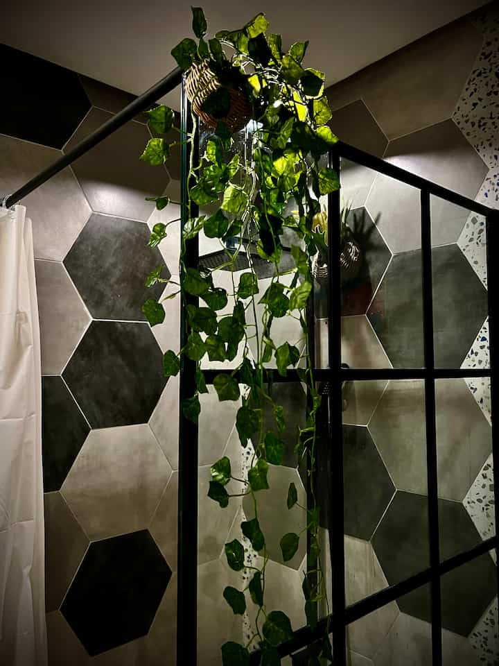 Gray and black hexagonal tiled bathroom with hanging green plant in center, featuring a natural and modern ambiance