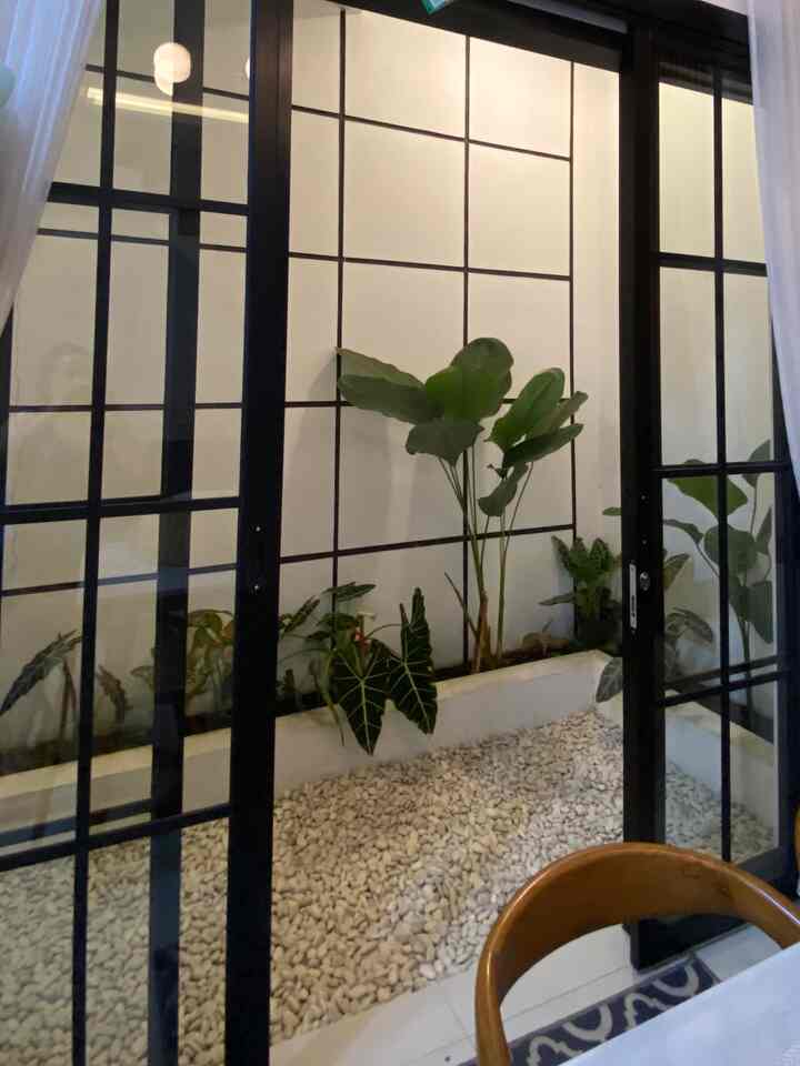 Minimalistic long and narrow indoor garden with white walls and black window frames, featuring lush plants and white coral stones adjacent to a dining room
