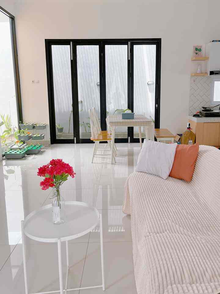 Bright white and ivory toned living and dining area with wooden chairs and plants in a modern, simple open plan house