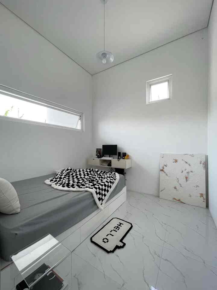 White and gray toned 3x3 m bedroom featuring a 160x200 cm bed with modern furniture in a minimalist setting