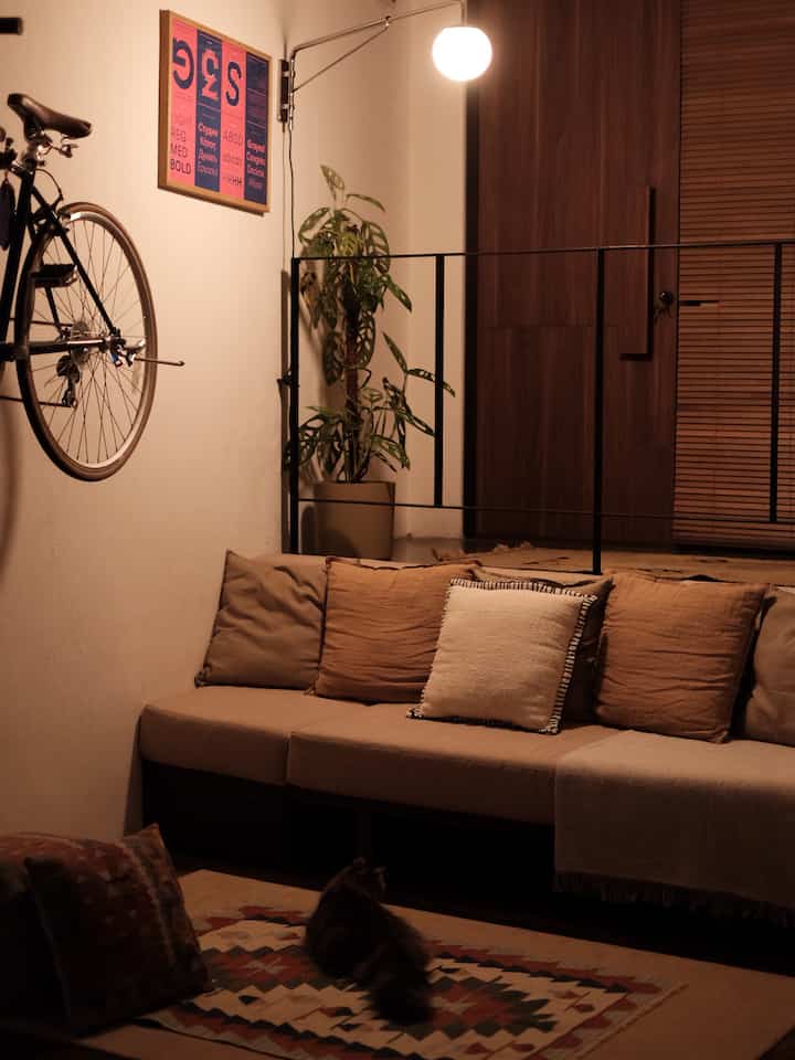 Cozy living room with warm wood tones and beige sofa, featuring a cat sitting on a patterned rug under soft lighting