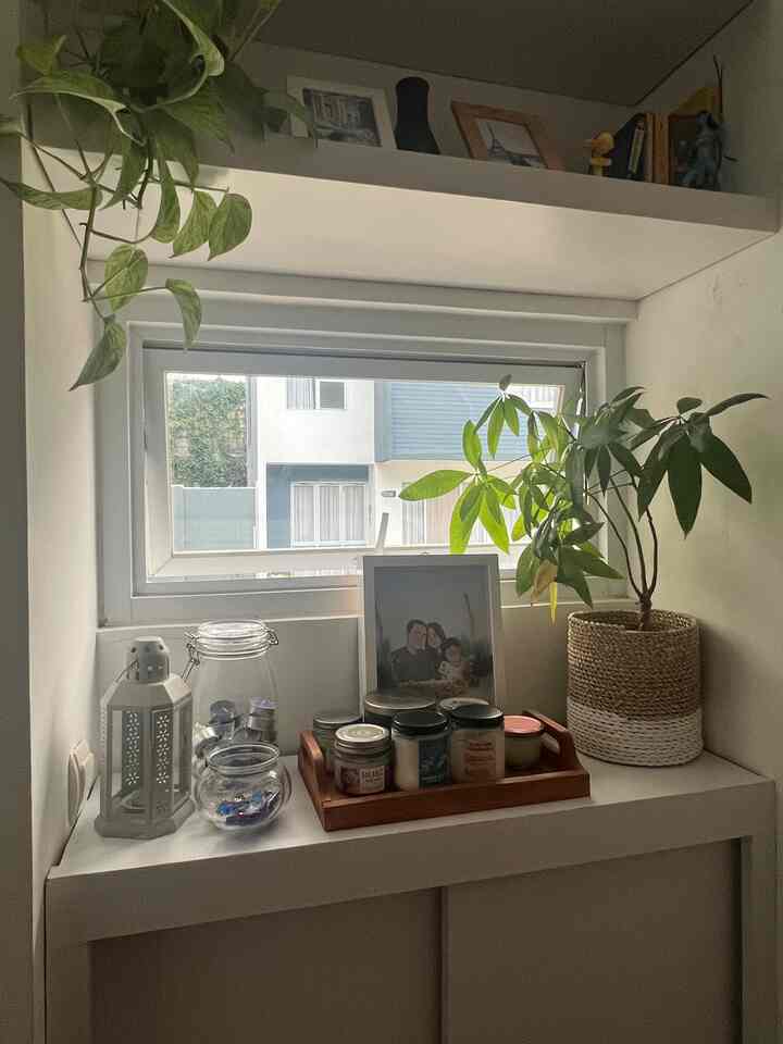 White and natural-toned entrance featuring compact shelving with plants, picture frames, and a scented candle tray creating a cozy storage area