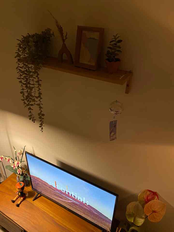 Warm brown wood tones and white walls define this Japandi living room, featuring a wall shelf and TV stand creating a cozy atmosphere