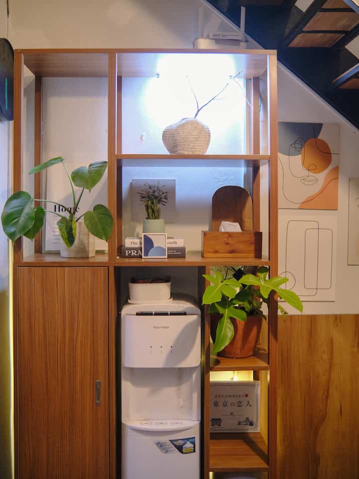 Wood tone and white shelving with plants and tissue box, creating a cozy Bohemian style space