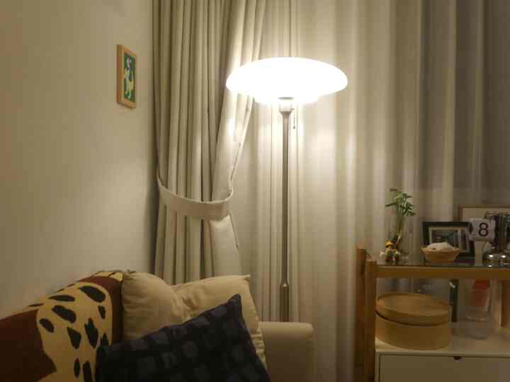 Beige and wood-toned studio apartment living room featuring sofa, floor lamp, and maroon patterned throw blanket as accent, cozy atmosphere