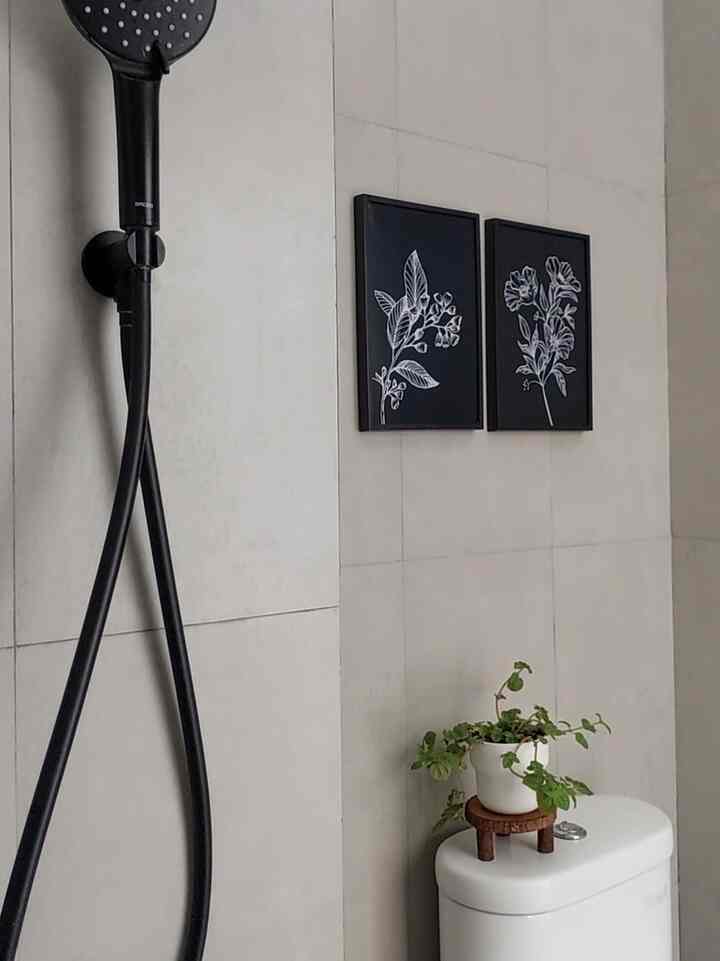 White and black tone bathroom featuring a sleek shower, potted plant, and botanical wall art in a minimal setting