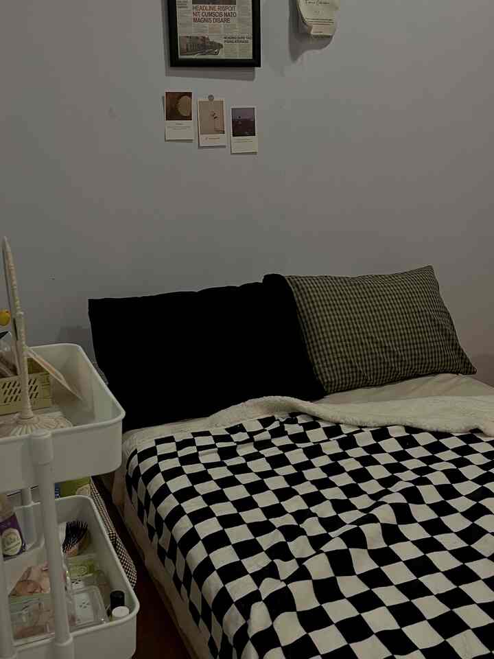 Black and white monotone bedroom featuring a checkered blanket and pillows with a simple atmosphere