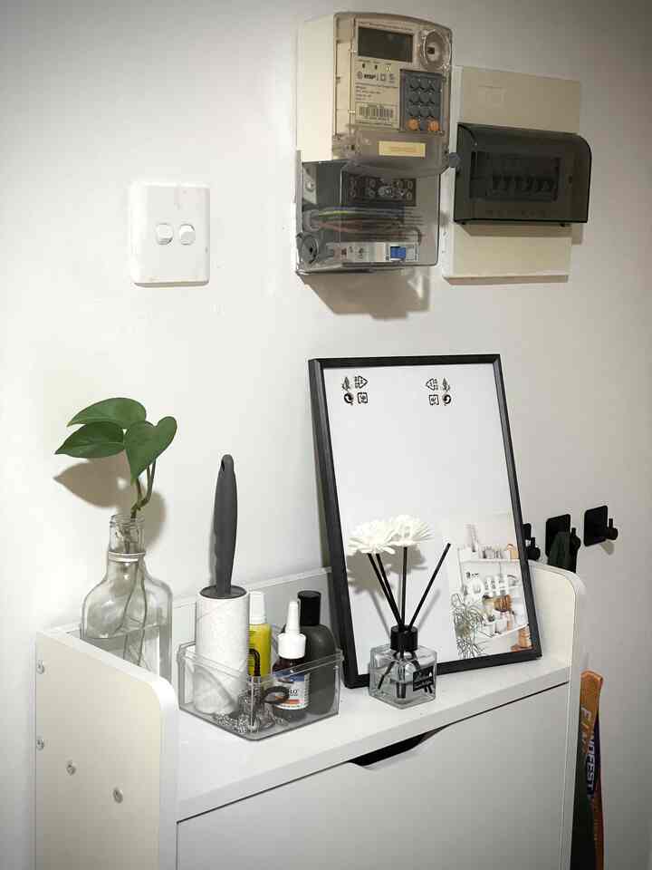 White-toned entrance area featuring neat storage, a diffuser, and a picture frame with a modern atmosphere