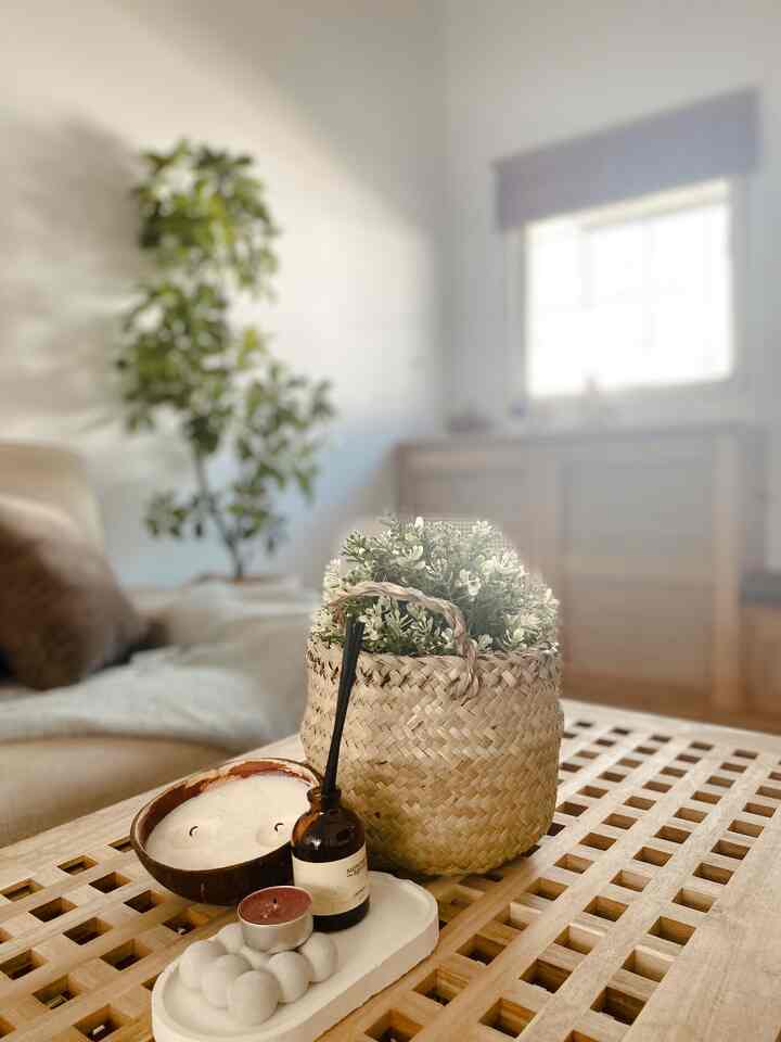 Cozy Scandinavian living room with white walls and brown wood tones, featuring natural decor items and plants