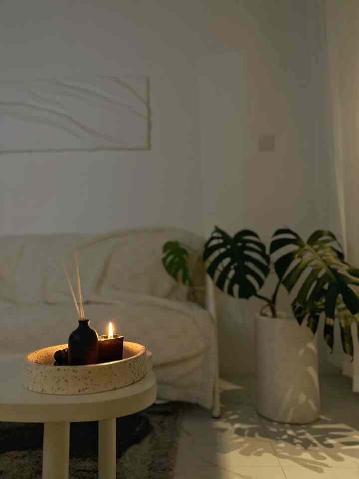 Bright white-toned small 3x3 living room featuring minimal sofa, a potted plant, and a cozy table with lit candle and diffuser