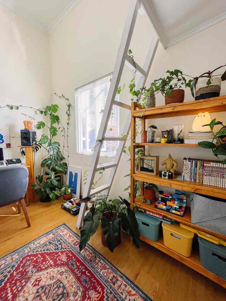 Bright white walls and wood tone furniture featuring a colorful carpet and lush plants in a bohemian style home office space