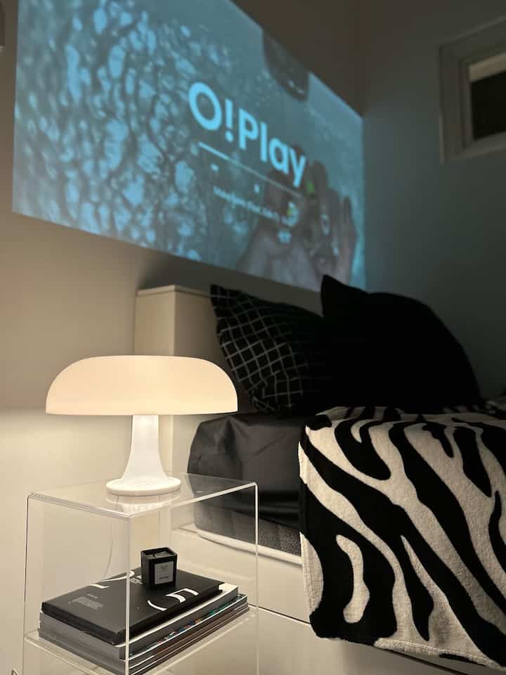Monotone bedroom in white and black featuring bed with zebra-patterned blanket in a minimal style space