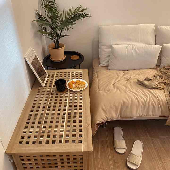 Beige and wood tone living room featuring a beige sofa with cushions, side tables, and a potted plant creating a cozy atmosphere