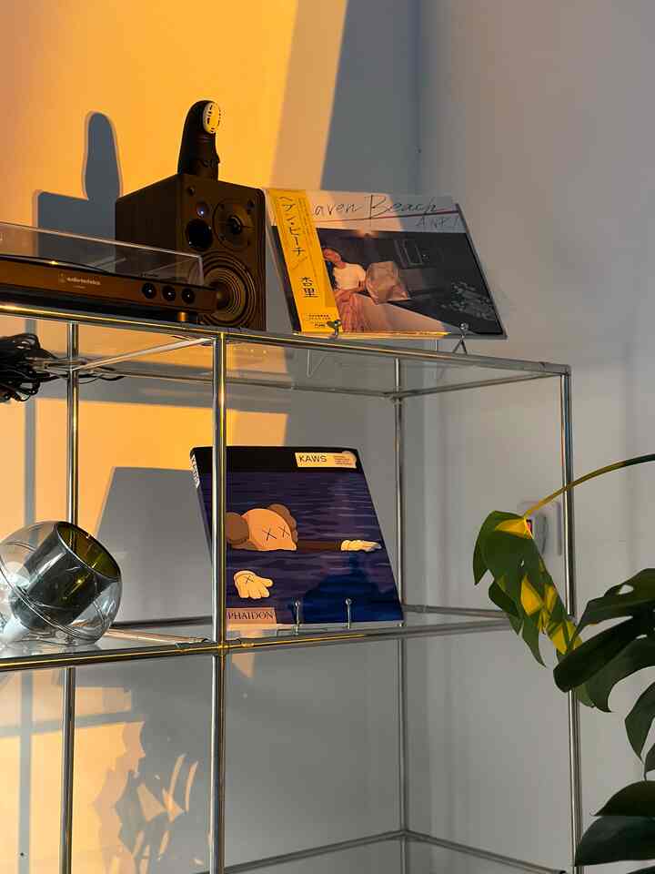 Minimal living room with silver stainless rack and white walls, featuring audio speaker and art books