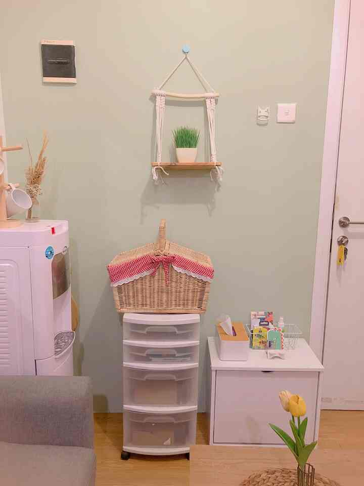 Natural color wall and wood tone floor entrance space featuring storage drawers and a rattan basket, neat atmosphere