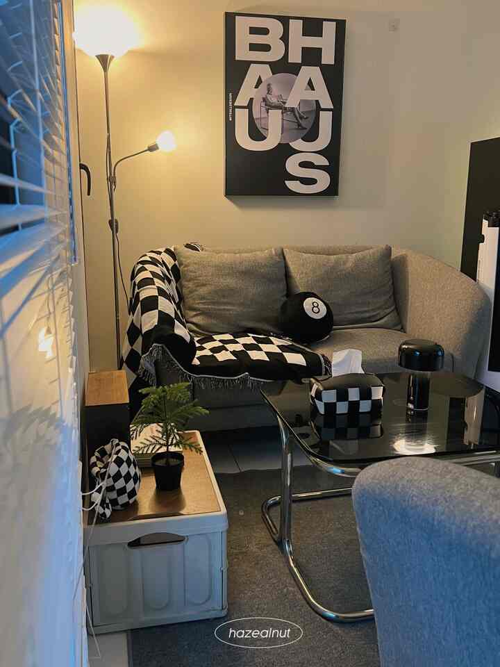 Monotone living room with gray sofa and black-and-white checkered textiles, creating a simple cozy atmosphere