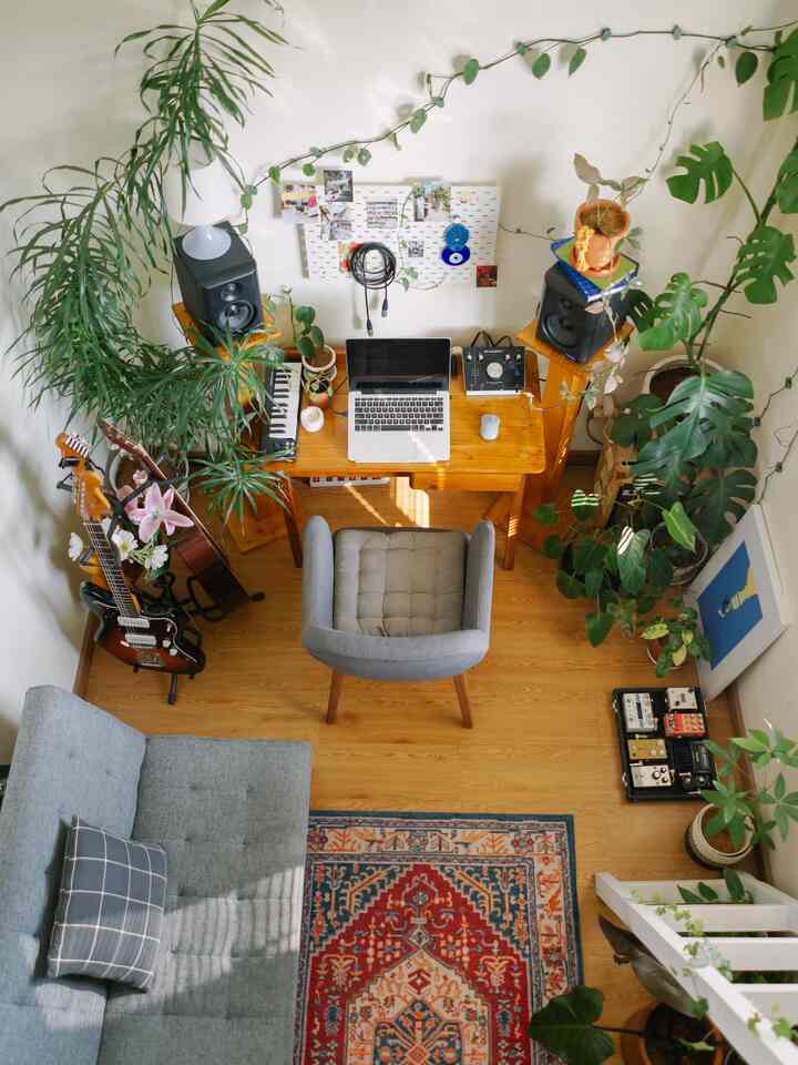 Natural-tone compact home studio space featuring wooden desk, gray sofa, and lush plants with cozy atmosphere