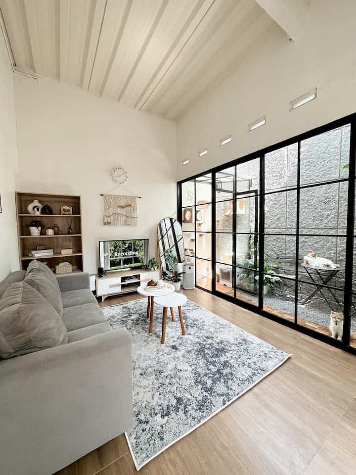 Bright white and wood tone living room featuring large windows, sofa, coffee tables with a simple and natural atmosphere